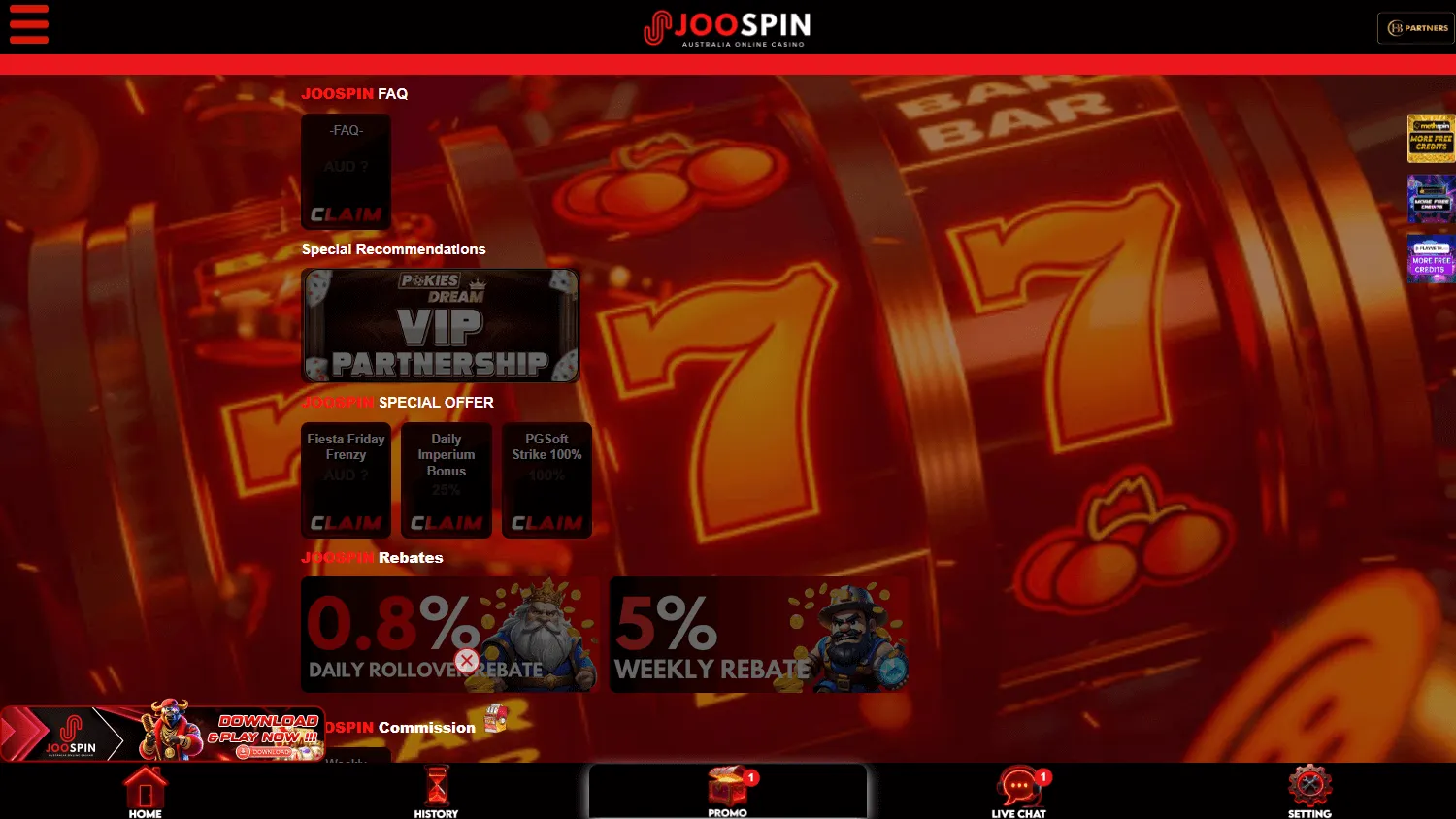 Joospin Casino promotions page on desktop