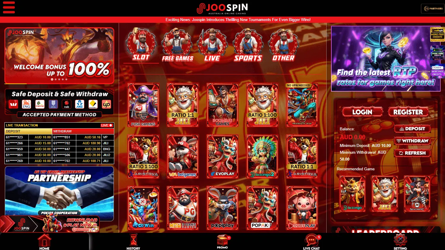 Joospin Casino home page on desktop